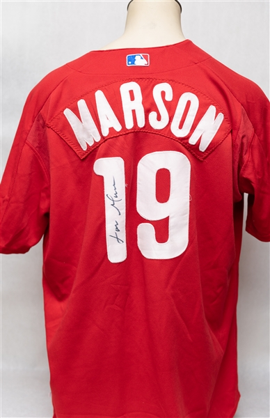 Lot of (3) Autographed Majestic Authentic Team Issued Spring Training Phillies Jerseys w. Lou Marson (JSA Auction Letter) 