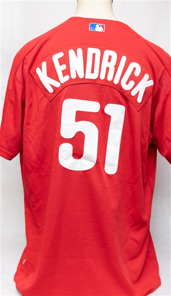Lot of (4) Majestic Phillies Team Issues Spring Training Jerseys w. Nunez, Kendrick, and Others 