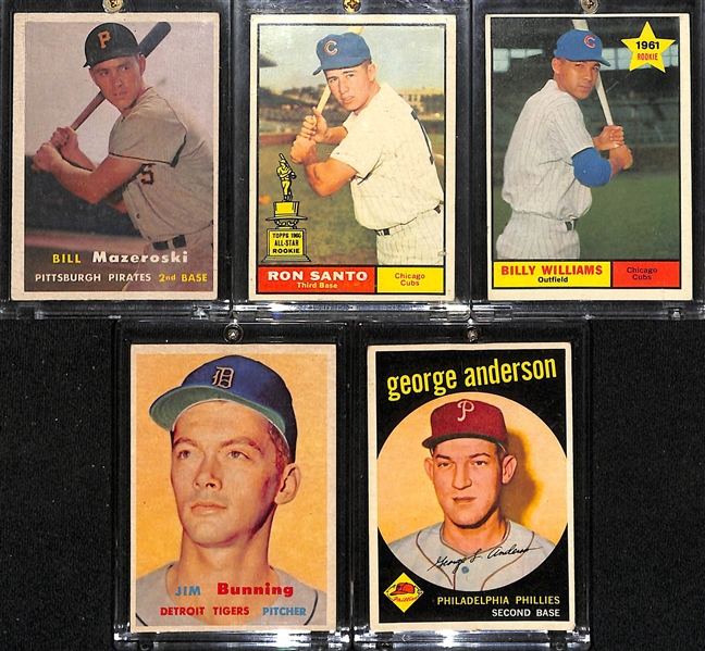 Lot of (5) 1950s and 1960s Topps HOF Baseball Rookie Cards w. Mazeroski, Santo, B. Williams, Bunning and S. Anderson