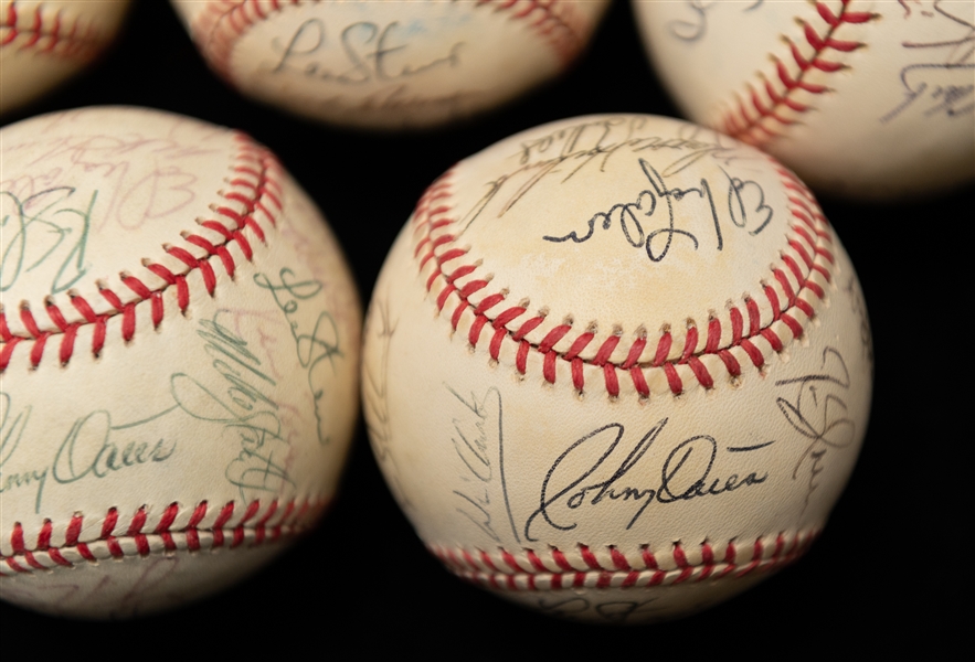Lot of (5) Texas Rangers Team Signed Baseballs w. (4) 1996 and (1) 1998 Featuring Johnny Oates and Will Clark Autographs (JSA Auction Letter)