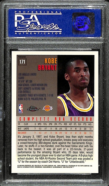 1997-98 Topps Chrome Kobe Bryant Refractor Card (2nd Year) #171 Graded PSA 9 Mint