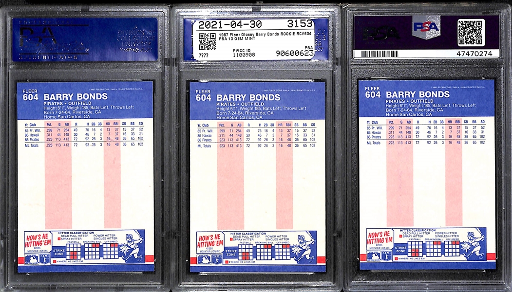 Lot of (3) Fleer Glossy Barry Bonds PSA 10 Rookie Cards!