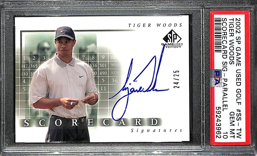 RARE (Pop 2) PSA 10 2002 Upper Deck SP Game Used Tiger Woods Scorecard Signatures Autograph #ed 24/25