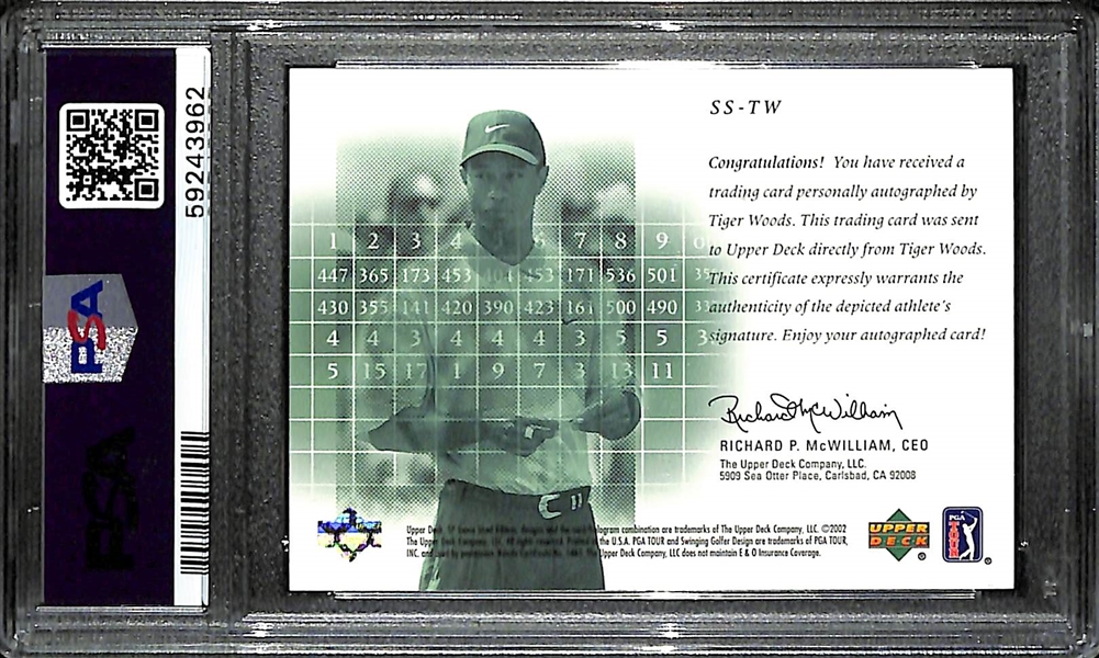 RARE (Pop 2) PSA 10 2002 Upper Deck SP Game Used Tiger Woods Scorecard Signatures Autograph #ed 24/25