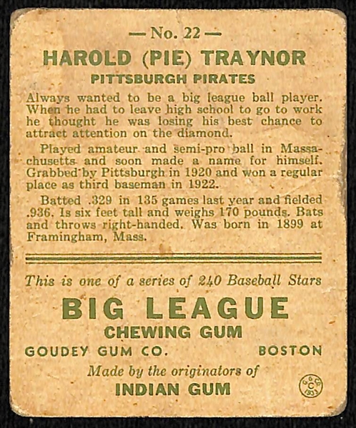 1933 Goudey Harold (Pie) Traynor (HOF) #22 - PR/GD Condition