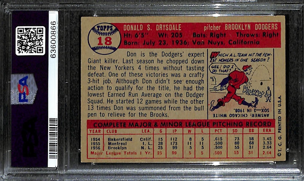 1957 Topps Don Drysdale Rookie Card #18 Graded PSA 7 NM