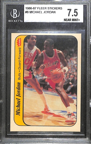 1986-87 Fleer Michael Jordan Rookie Sticker #8 Graded BGS 7.5 NM+