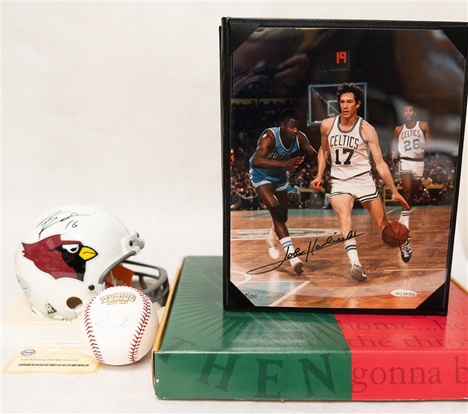 Lot of (3) Autographed Memorabilia Lot w. Curt Schilling 2004 World Series Ball (Steiner Cert) and John Havlicek 8x10 Photo in Leather Folder (Upper Deck Cert)