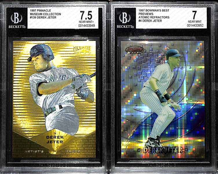 (2) 1997 Derek Jeter Cards - Bowman's Best Atomic Refractor (BGS 7) & Pinnacle Museum Collection Artist's Proof Gold (BGS 7.5)