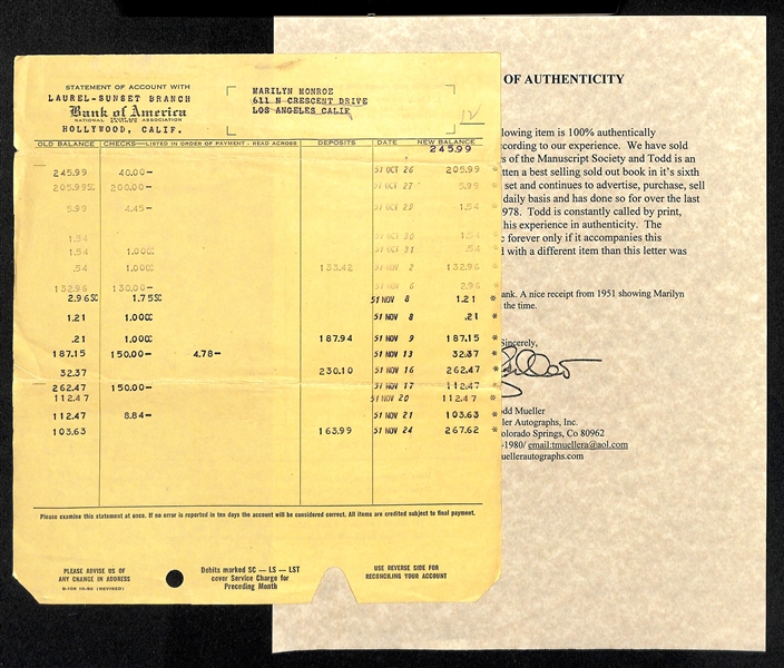 Marilyn Monroe's Bank Statement from Bank of America