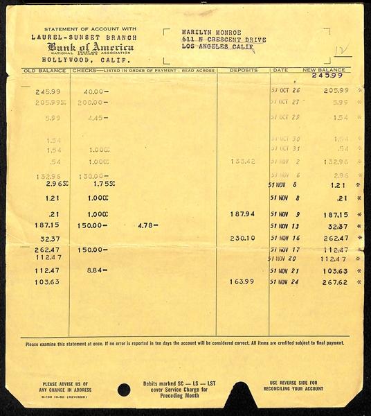 Marilyn Monroe's Bank Statement from Bank of America