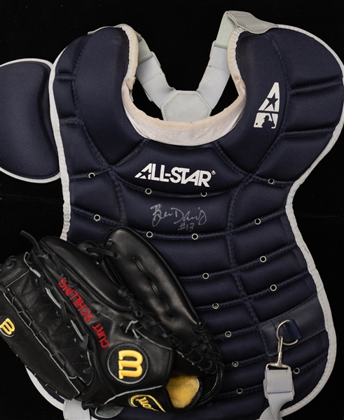 San Diego Padres Ben Davis Autographed Used Chest Protector (JSA Auction Letter) and a Curt Schilling Game Model Wilson A2000 XL Glove