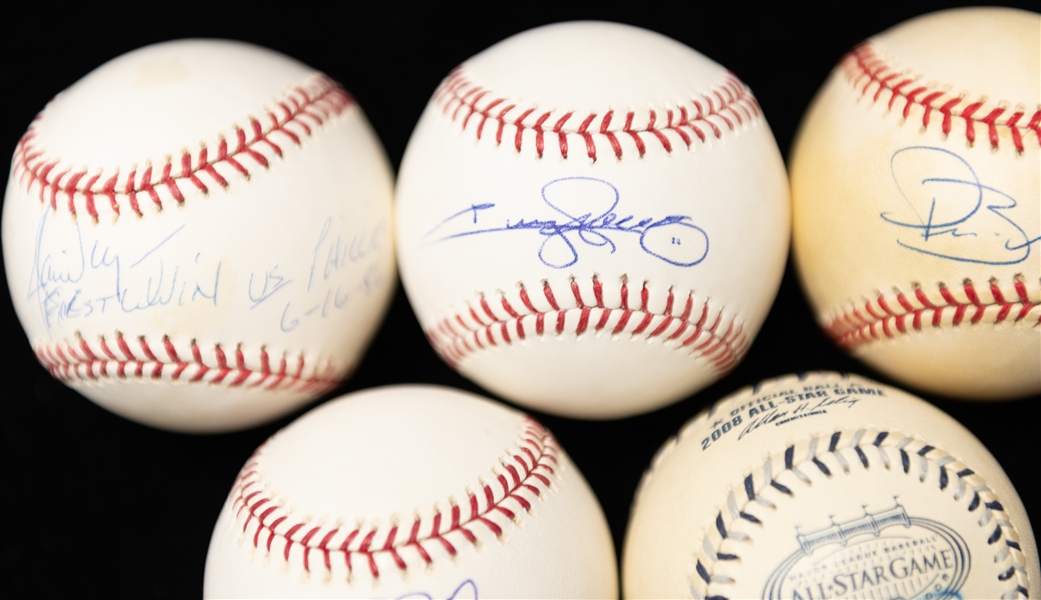 Lot of (5) Autographed Phillies Baseballs w. Utley, Howard, Rollins, Burrell, and Moyer (JSA Auction Letter)