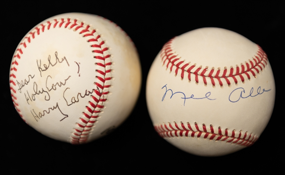 Lot of (2) HOF Autographed Baseballs w. Harry Caray and Mel Allen (JSA Auction Letter)