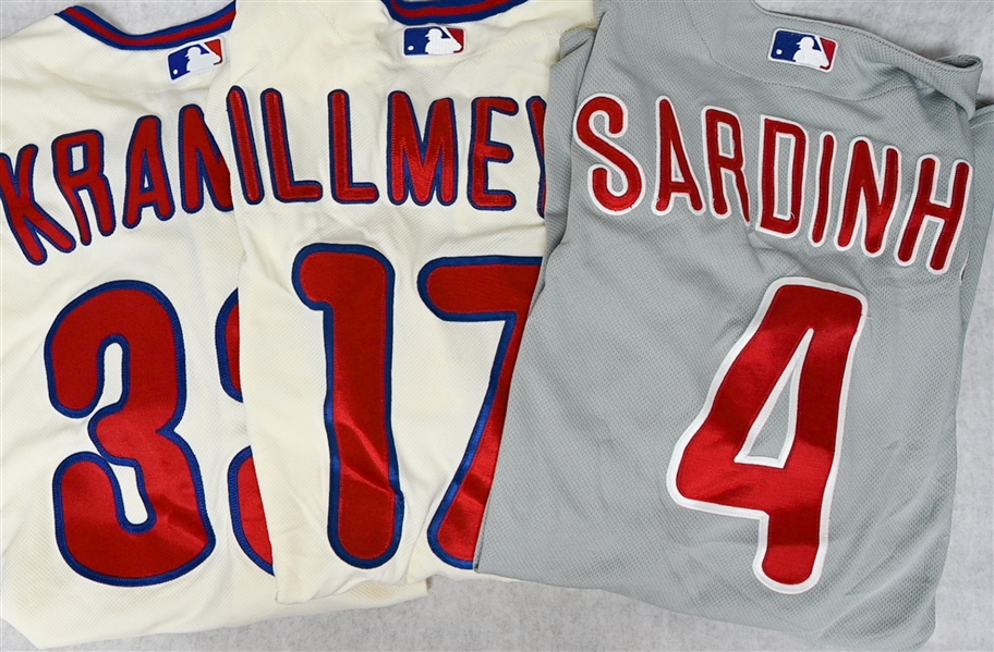 Lot of (3) Majestic Phillies Team Issued Jerseys w. Billmeyer, Sardinha and Kranitz (MLB Cert.)