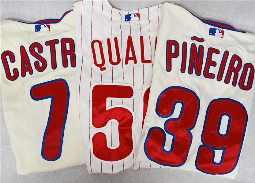 Lot (3) Majestic Phillies Team Issued Jerseys w. Castro, Qualls, and Peneiro (MLB Cert.)