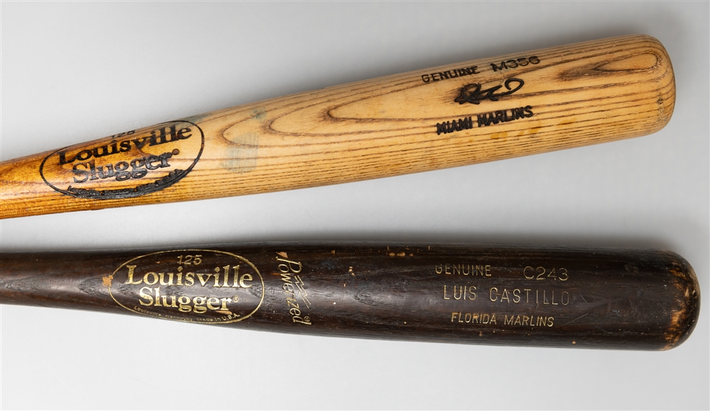 Lot of (2) Florida/Miami Marlins Genuine Used Bats w. Aaron Rowand and Luis Castillo