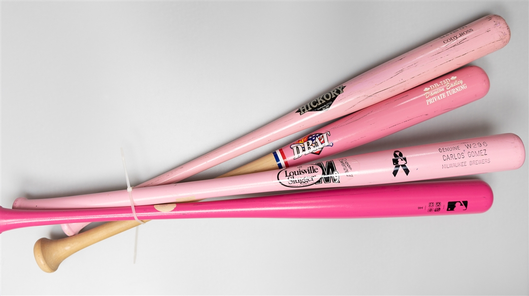 Lot of (4) Pink MLB Bats with Cody Ross, Carlos Gomez, Damion Easley and More