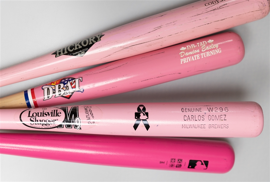 Lot of (4) Pink MLB Bats with Cody Ross, Carlos Gomez, Damion Easley and More