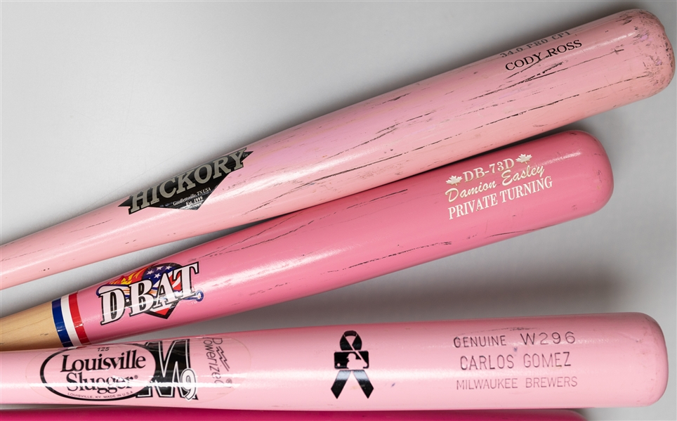 Lot of (4) Pink MLB Bats with Cody Ross, Carlos Gomez, Damion Easley and More