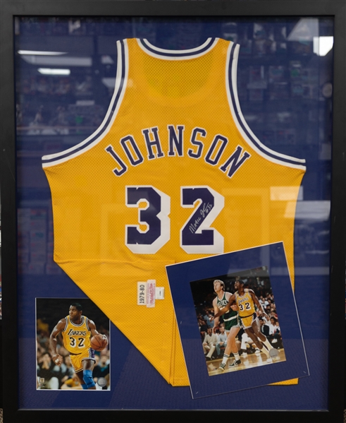 Magic Johnson Custom Framed and Autographed Mitchell and Ness Jersey (JSA COA)