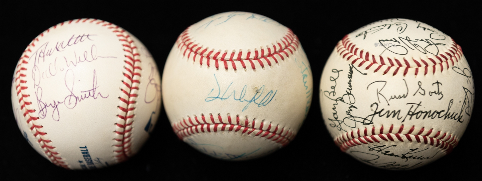 Lot of (3) Autographed Baseballs w. Joe DiMaggio, B. Williams, Hunter, Colavito, Musial, and Many Others (JSA Auction Letter).