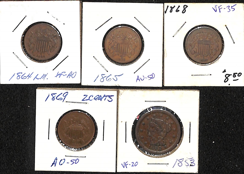 Lot of (4) Shield Two Cent Coins from 1864-1869 & (1) 1853 Braided Hair One Cent