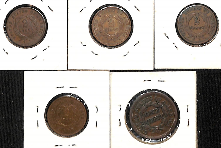 Lot of (4) Shield Two Cent Coins from 1864-1869 & (1) 1853 Braided Hair One Cent