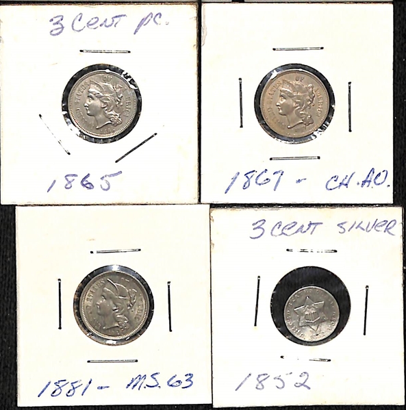 Lot of (3) 3 Cent Nickels (1865, 1867, 1881) & (1) 1852 Silver 3 Cent Coin