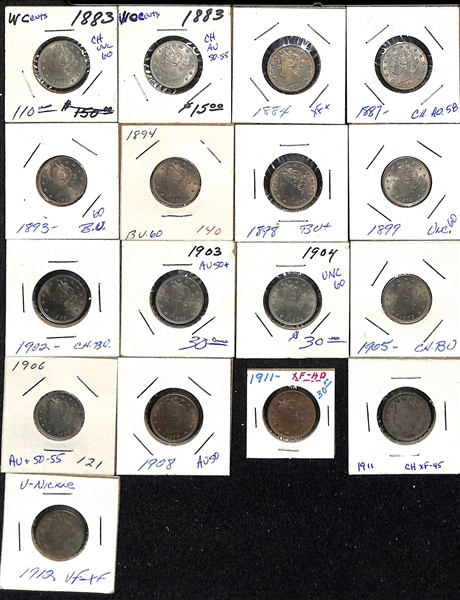 Lot of (17) Liberty Head Nickels from 1883-1912 w. 1894