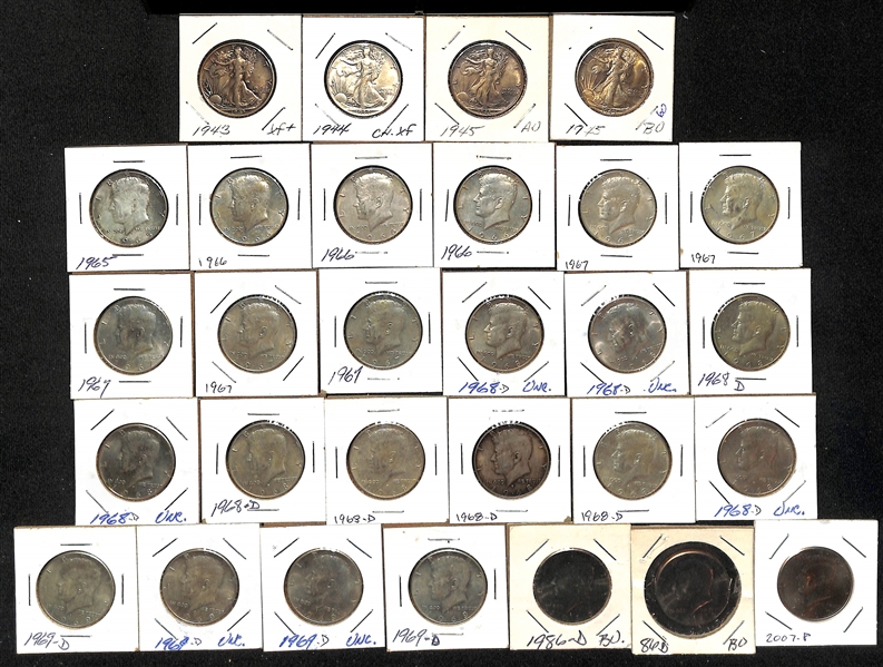  Lot of (4) Walking Liberty Half Dollars from 1943-1945 & (25) Kennedy Half Dollars from 1965-2007