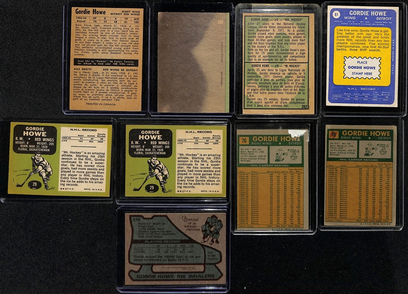 Lot of (9) Vintage Gordie Howe Hockey Cards from 1954-1979
