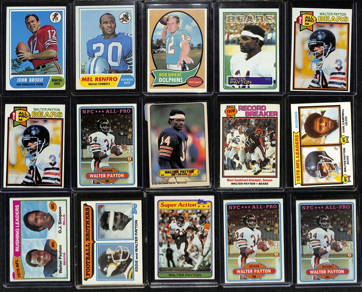 Lot of (100+) Mostly 1970s and 80s Topps Football HOF and Star Cards w. Many Walter Payton