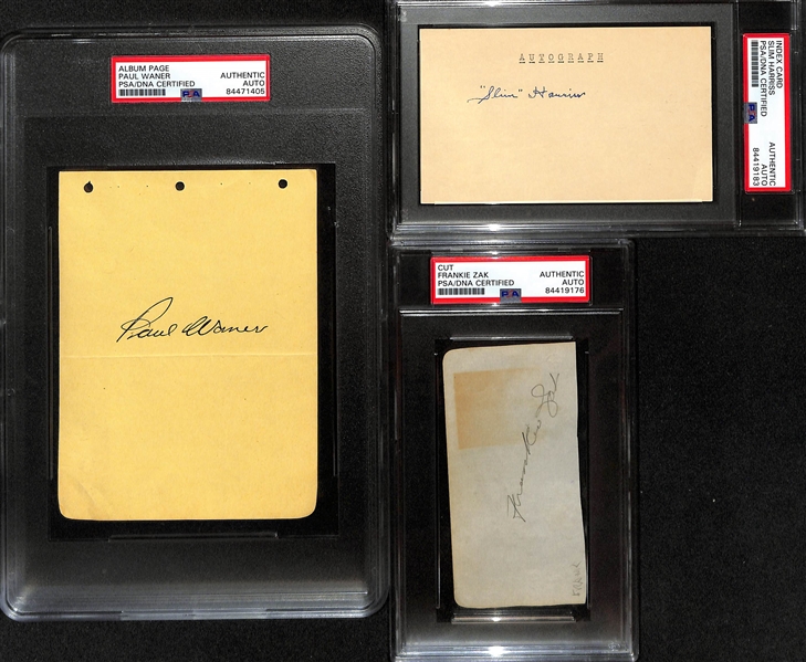 Paul Waner (HOF) Signed 4x6 Notepaper, Slim Harris Signed Index Card, Frank Zak Signed Cut (Each is Encased By PSA/DNA)