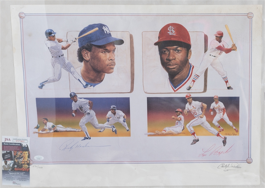 Rickey Henderson & Lou Brock Dual Signed 18 x 24 Lithograph Print (JSA COA) - Also Signed by Artist Christoher Paluso