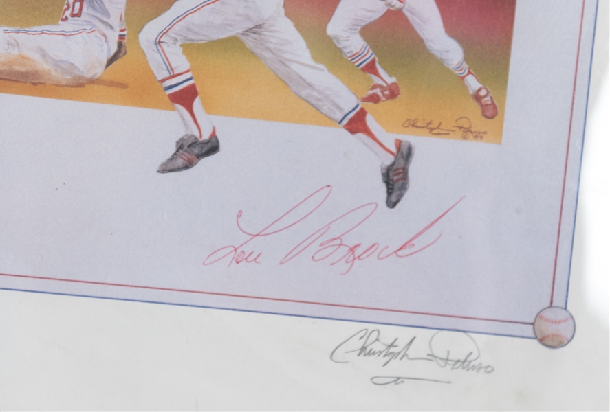 Rickey Henderson & Lou Brock Dual Signed 18 x 24 Lithograph Print (JSA COA) - Also Signed by Artist Christoher Paluso