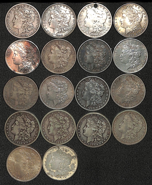 Lot of (18) Assorted Circulated Morgan Silver Dollars from 1879-1921