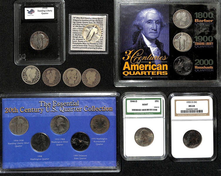 Lot of (5) Silver Barber Quarters, (4) Standing Liberty Silver Quarters, & (3) Silver Washington Quarters (2 Graded) w. 1944-D MS67
