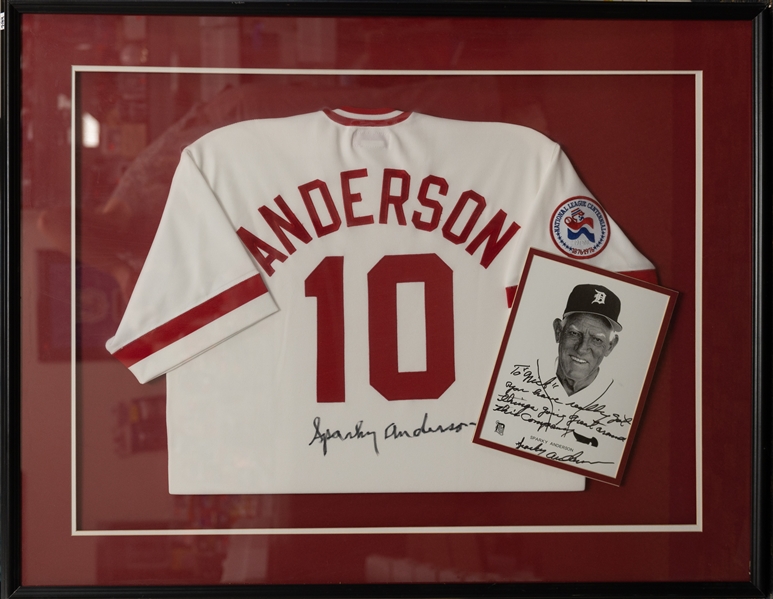 Sparky Anderson Autographed Framed Jersey w. Personalized Autographed Photo Within Frame