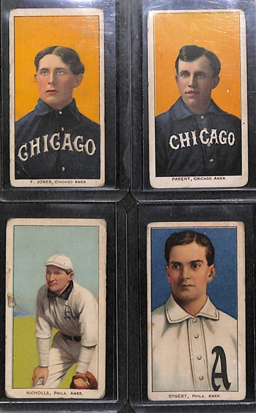 Lot of (4) 1909-11 T206 Cards w. Fielder Jones (Chicago WS), Fred Parent (Chicago WS), Simon Nicholls (A's), Jimmy Dygert (A's)