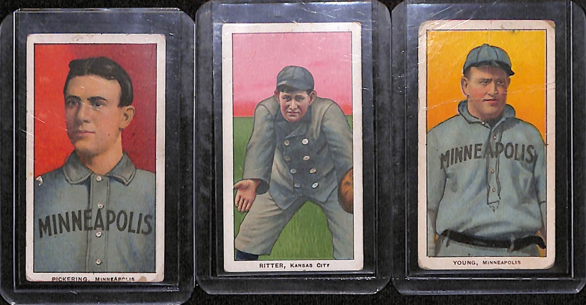 Lot of (3) 1909-11 T206 Minor League Cards w. Ritter (KC), Young (Minneapolis), Pickering (Minneapolis)