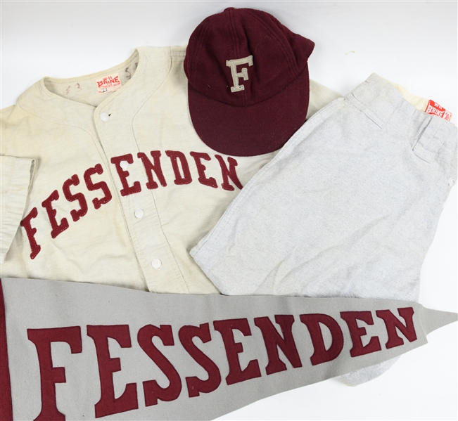 Vintage Fessenden Baseball Outfit w. Hat, Pants, Jersey and Pennant c. 1940s-1950s