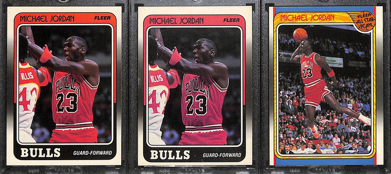 (5) 1988-89 Fleer Michael Jordan Cards/Stickers - (2) #17, (2) Stickers #7,  and All-Star Card #120.
