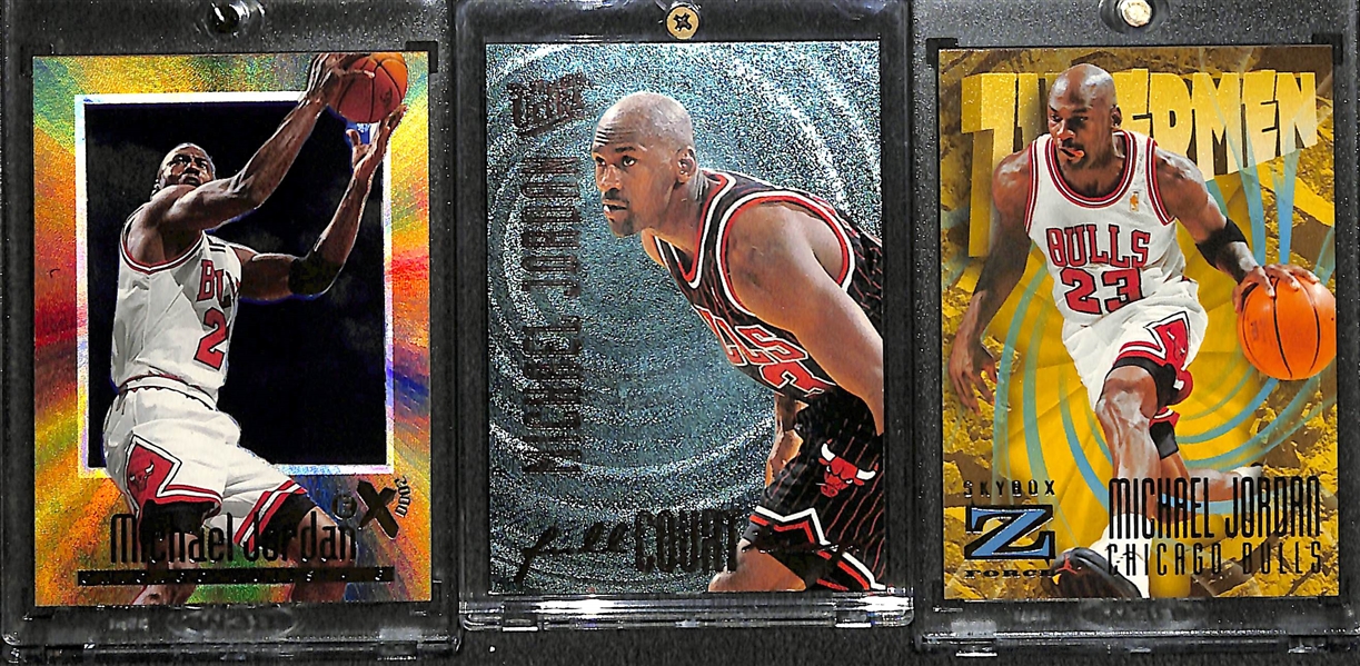 (3) 1996-97 Michael Jordan Cards - e-X2000 #9; Fleer Ultra Full Court #1, and Skybox Z-Force Zupermen #179