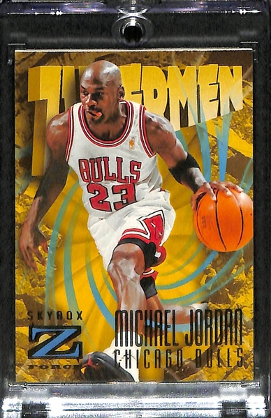 (3) 1996-97 Michael Jordan Cards - e-X2000 #9; Fleer Ultra Full Court #1, and Skybox Z-Force Zupermen #179