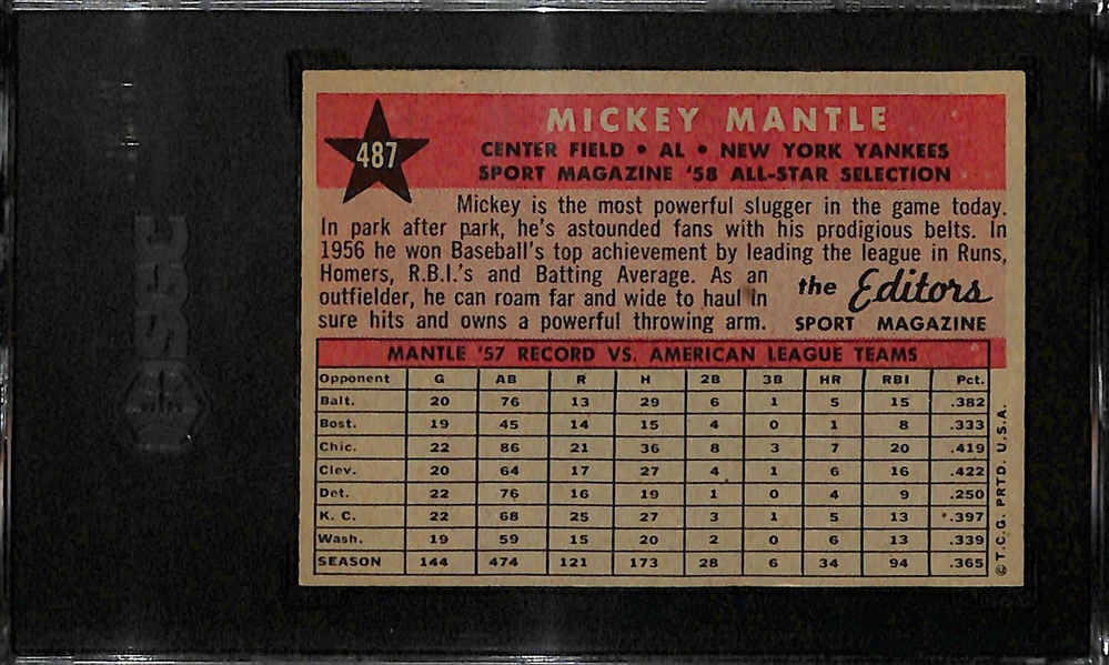 1958 Topps Mickey Mantle #467 All-Star Graded SGC 6.5 (EX-NM+)