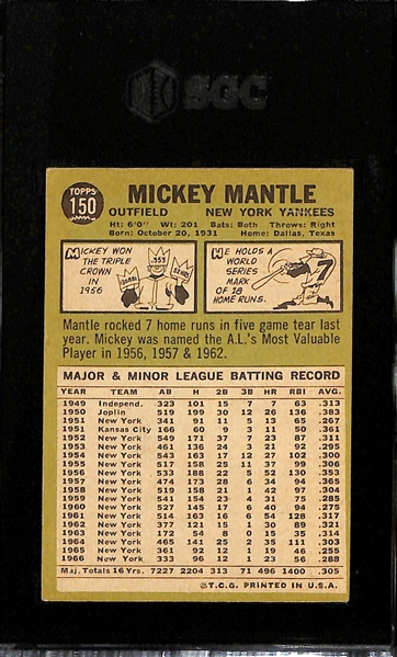 1967 Topps Mickey Mantle #150 Graded SGC 2.5 (GD+)