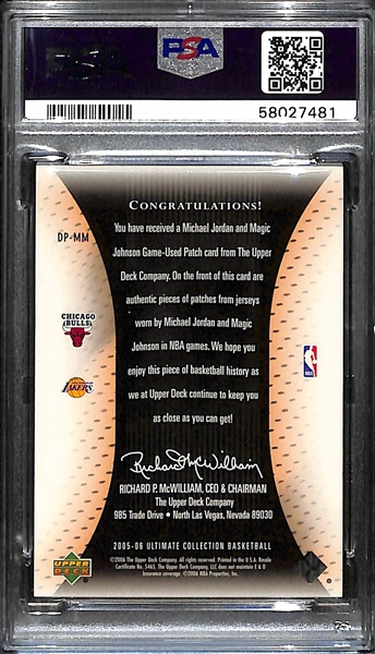 2005 UD Ultimate Collection Michael Jordan & Magic Johnson Dual Jersey Patch #21/40 Graded PSA 8 (w. 3-Color Jordan Patch)