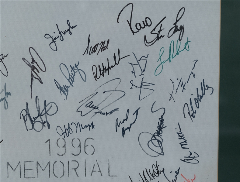 Framed 1996 Memorial Golf Autographed Display (22x28 w. 70+ Autographs) w. Jack Nicklaus, Jim Furyk, Tom Watson, L. Watkins, D. Love, + (JSA Auction letter)