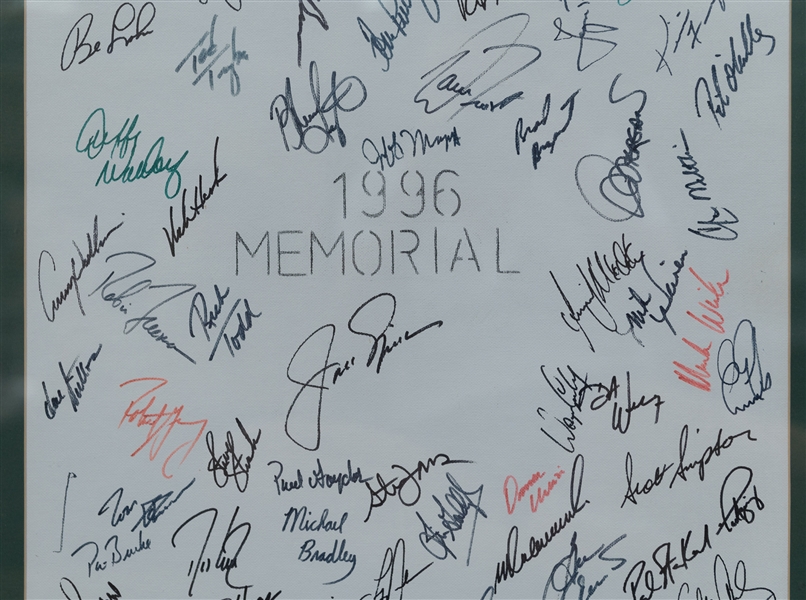 Framed 1996 Memorial Golf Autographed Display (22x28 w. 70+ Autographs) w. Jack Nicklaus, Jim Furyk, Tom Watson, L. Watkins, D. Love, + (JSA Auction letter)